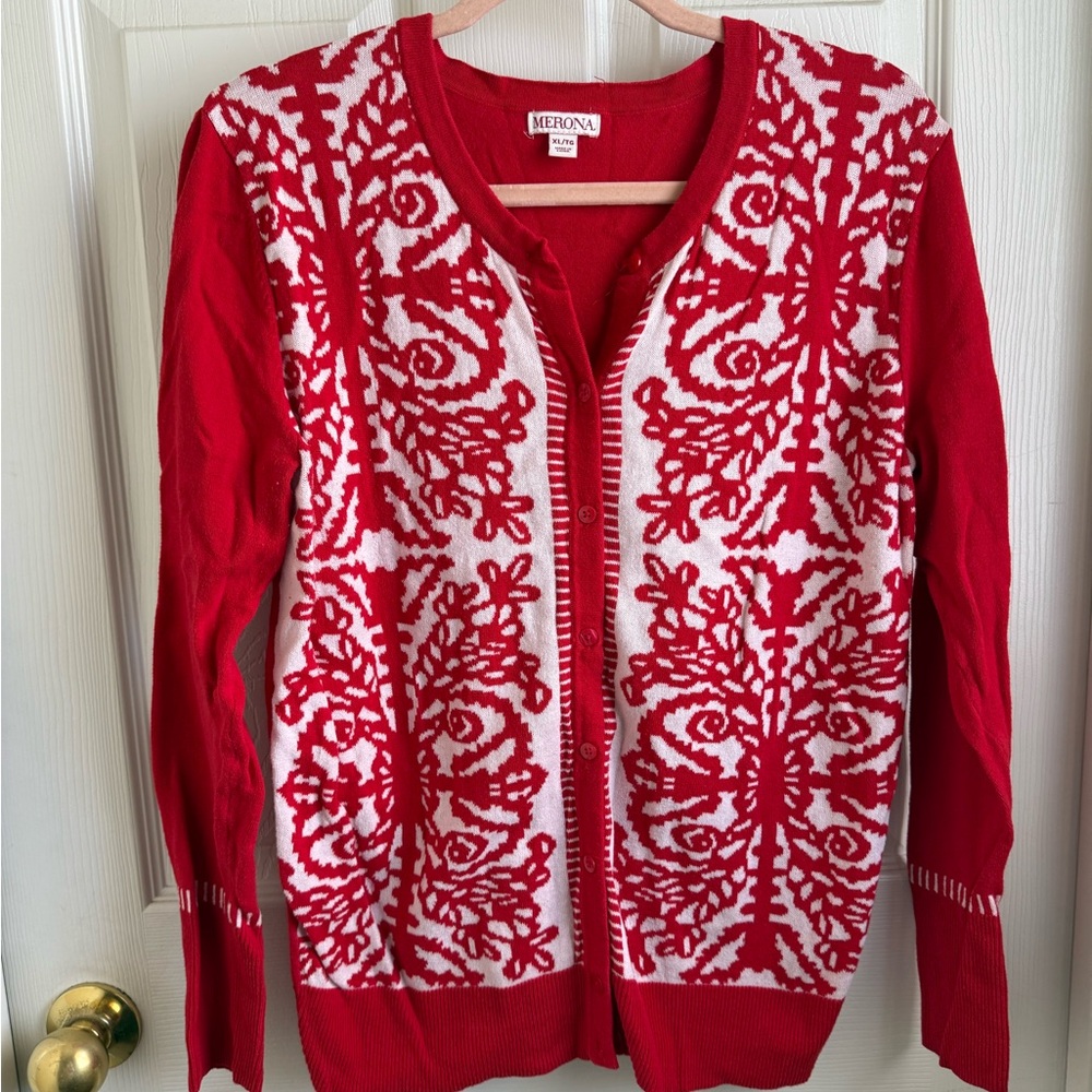 Merona Women's Festive Red and White Cardigan